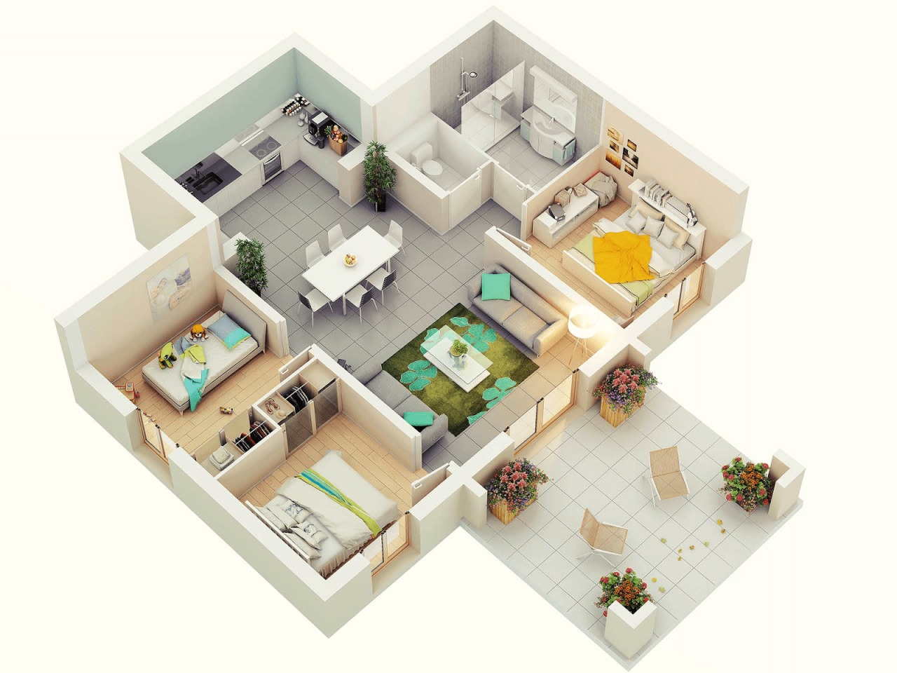 3D Three Bedroom House Layout Design Plans 23034 Interior Ideas