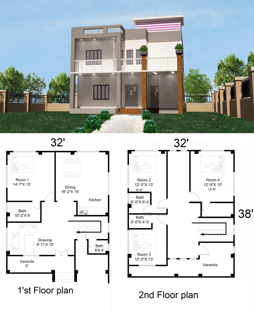 Simple 2 storey house design with floor plan 32'X40' 4 Bed Room 2