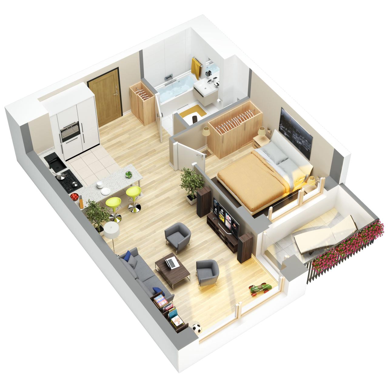 3D floor plans of flats. Bố trí mặt bằng nhà nhỏ, Căn hộ, Thiết kế