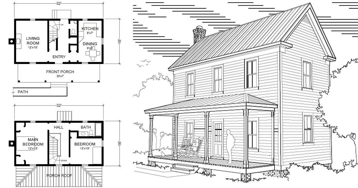 Two Story 16′ x 32″ Virginia Farmhouse House Plans House plans