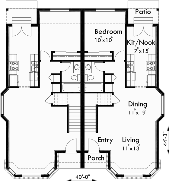 Duplex House Plans, Narrow Lot Duplex House Plans, D550