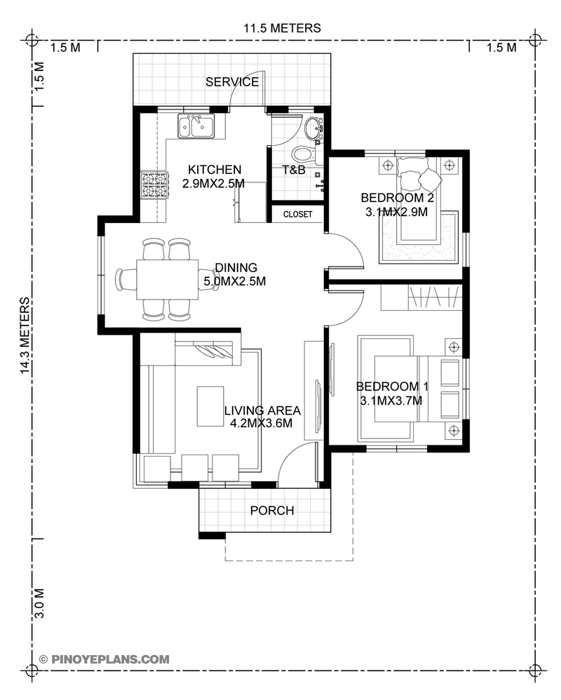 Katrina Stylish Two Bedroom House Plan Pinoy ePlans