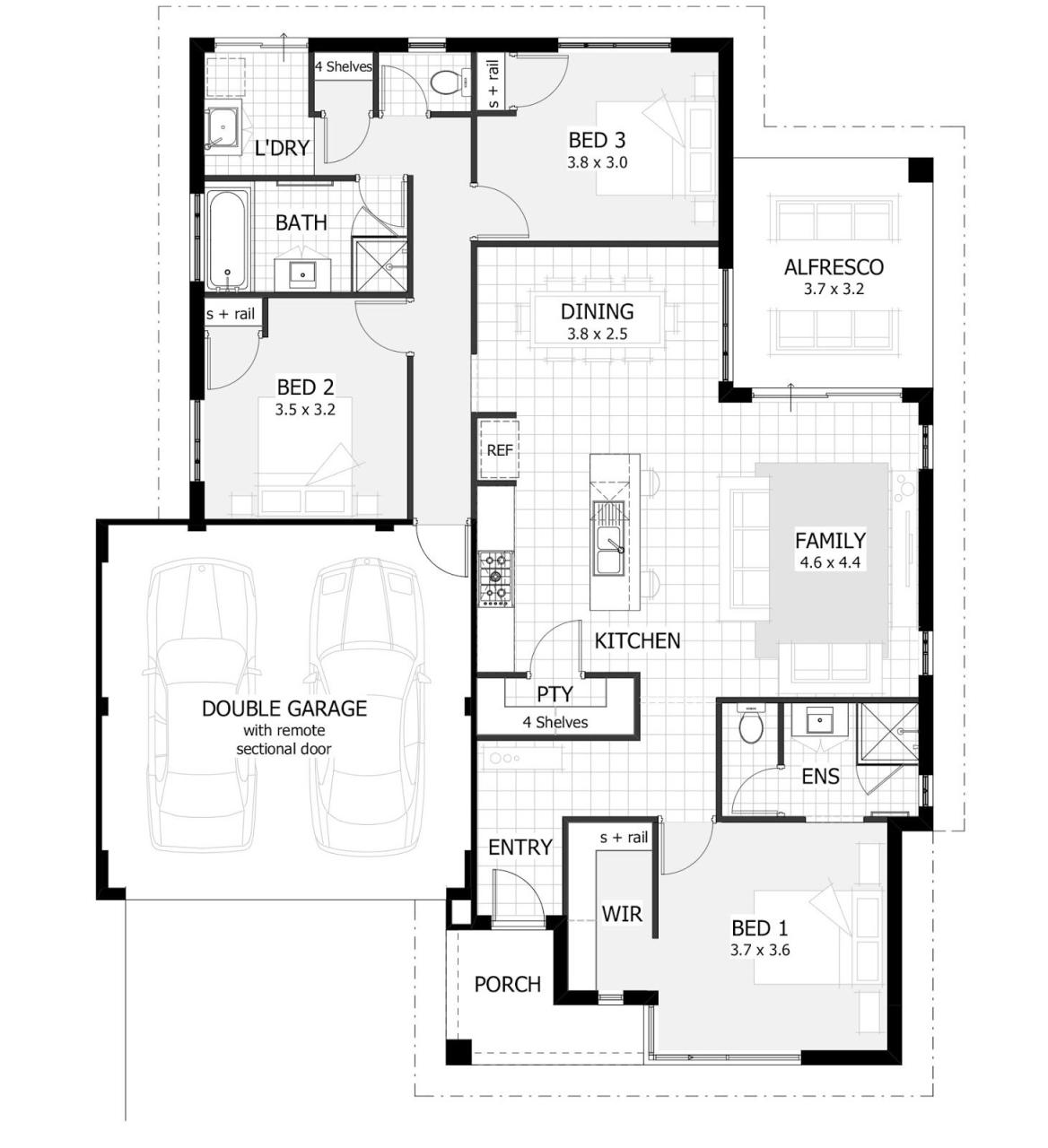 One story 3 Bedrooms and 2 Baths ground floor plan in 2020 Bedroom