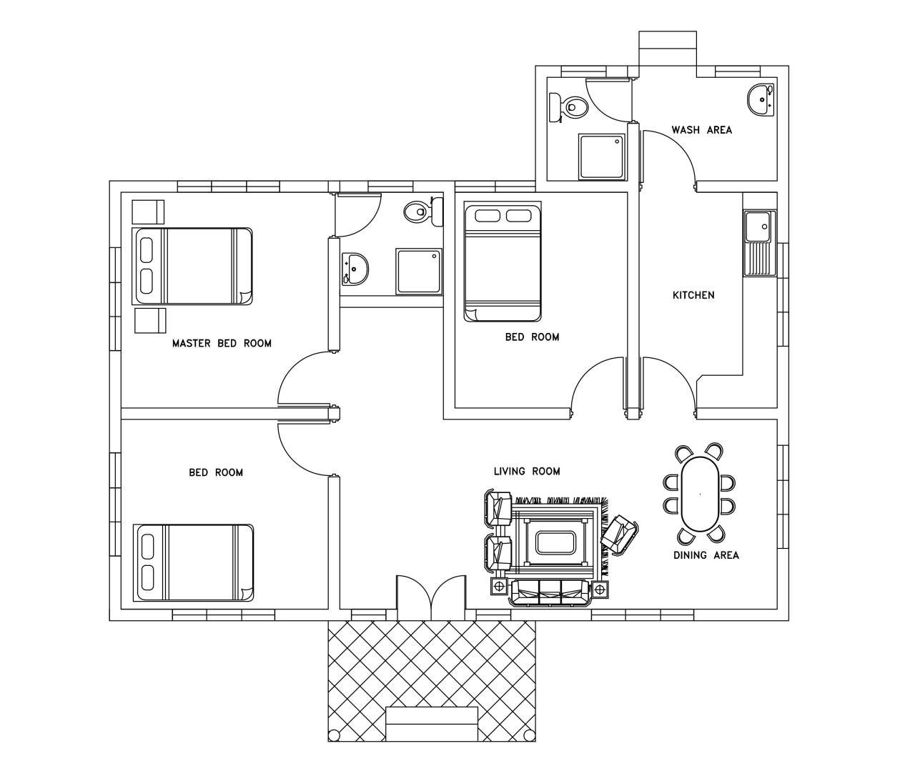 Single story three bed room small house plan free download with dwg cad