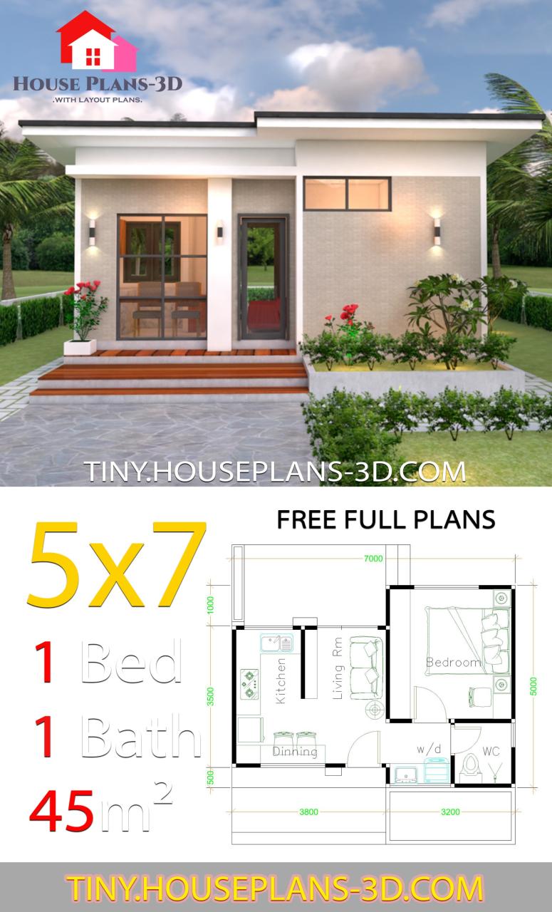 Small House Design Plans 5x7 with One Bedroom Shed Roof Tiny House Plans