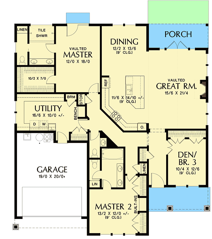 OneStory House Plan with Two Master Suites 69691AM Architectural