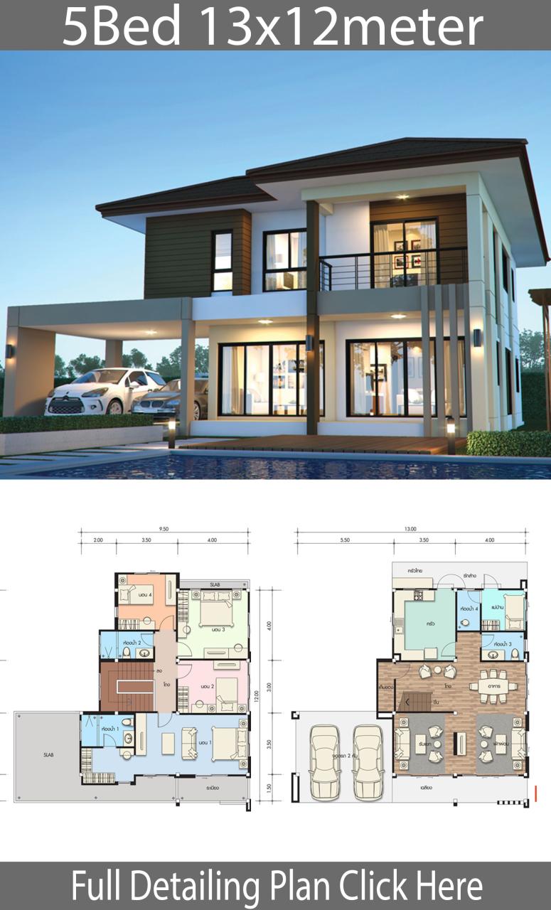 House design plan 13x12m with 5 bedrooms House Idea Beautiful house