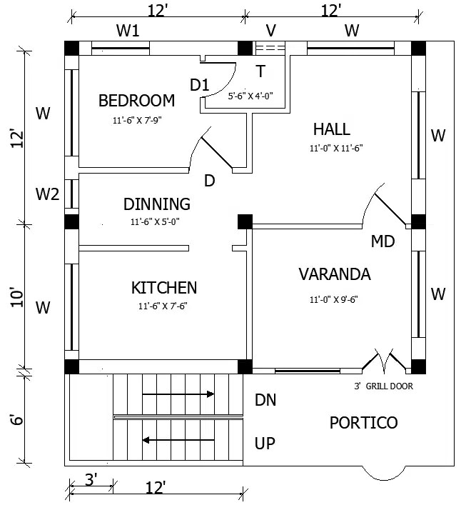 19’x30’ simple 1BHK house detail is given in this 2D Autocad DWG