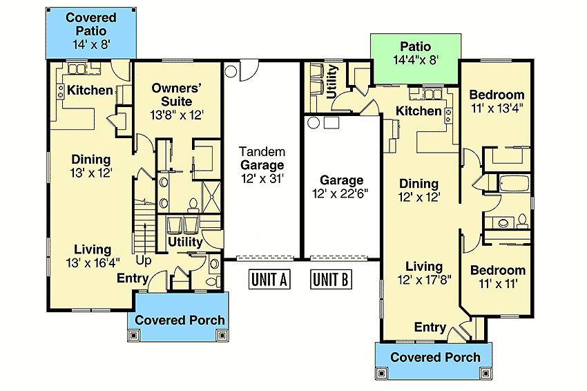 Plan 72901DA Charming Cottage Duplex with Two Unique Units Duplex