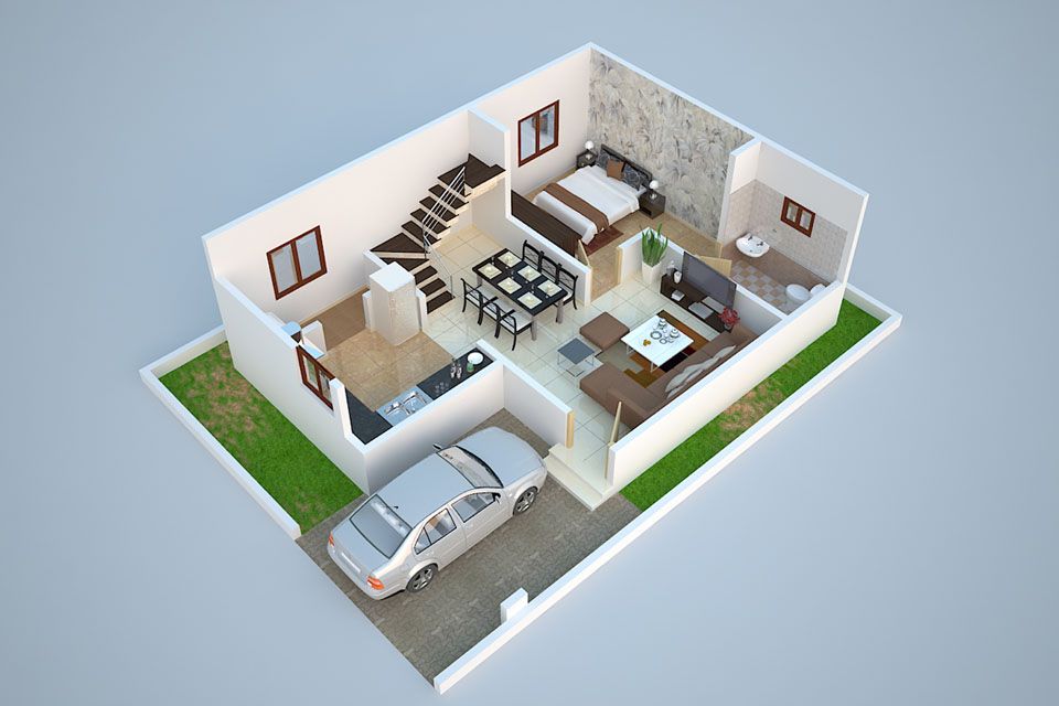 3D Ground Floor Plan Design of Duplex (1280 Sq. Ft.) Ground Floor Plan