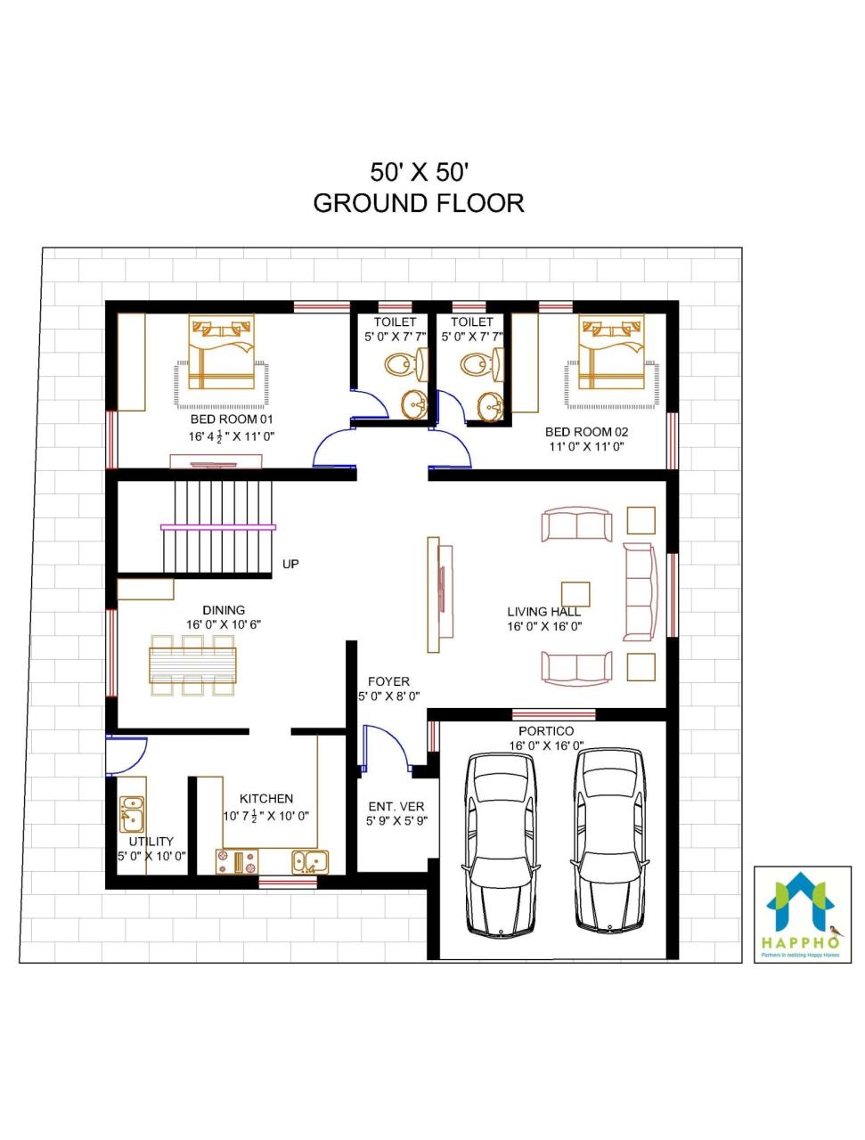 50X50 house plan East Facing 2 BHK plan011 Happho