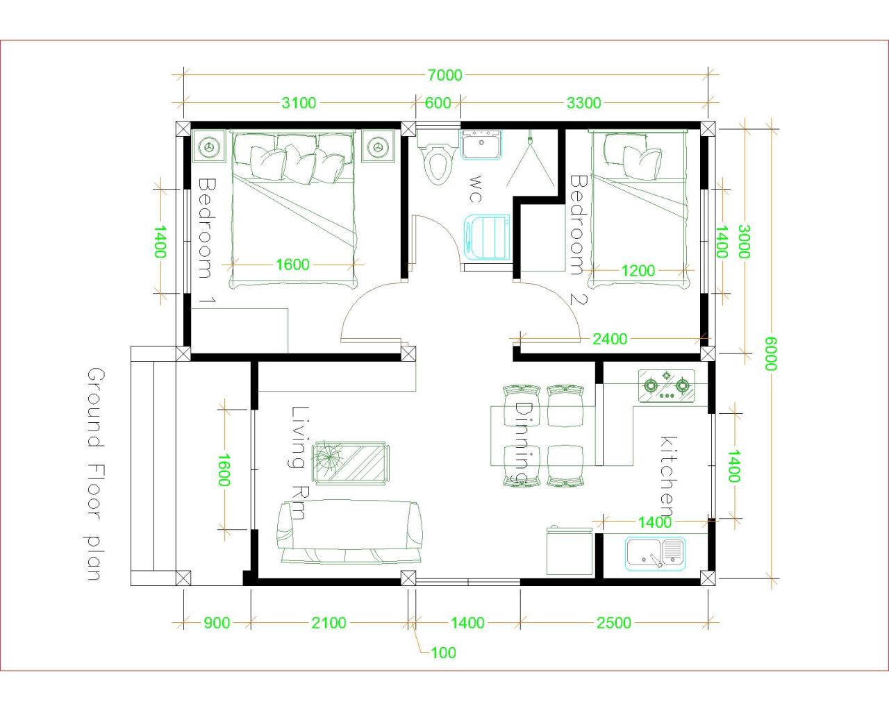 Simple House Plans 6x7 with 2 bedrooms Hip Roof House Plans S