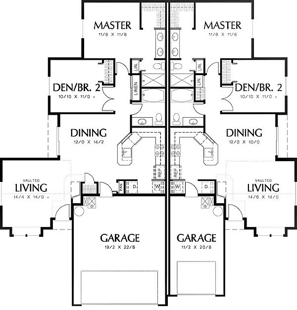 Plan 69391AM Duplex with Slightly Smaller Second Unit Duplex house