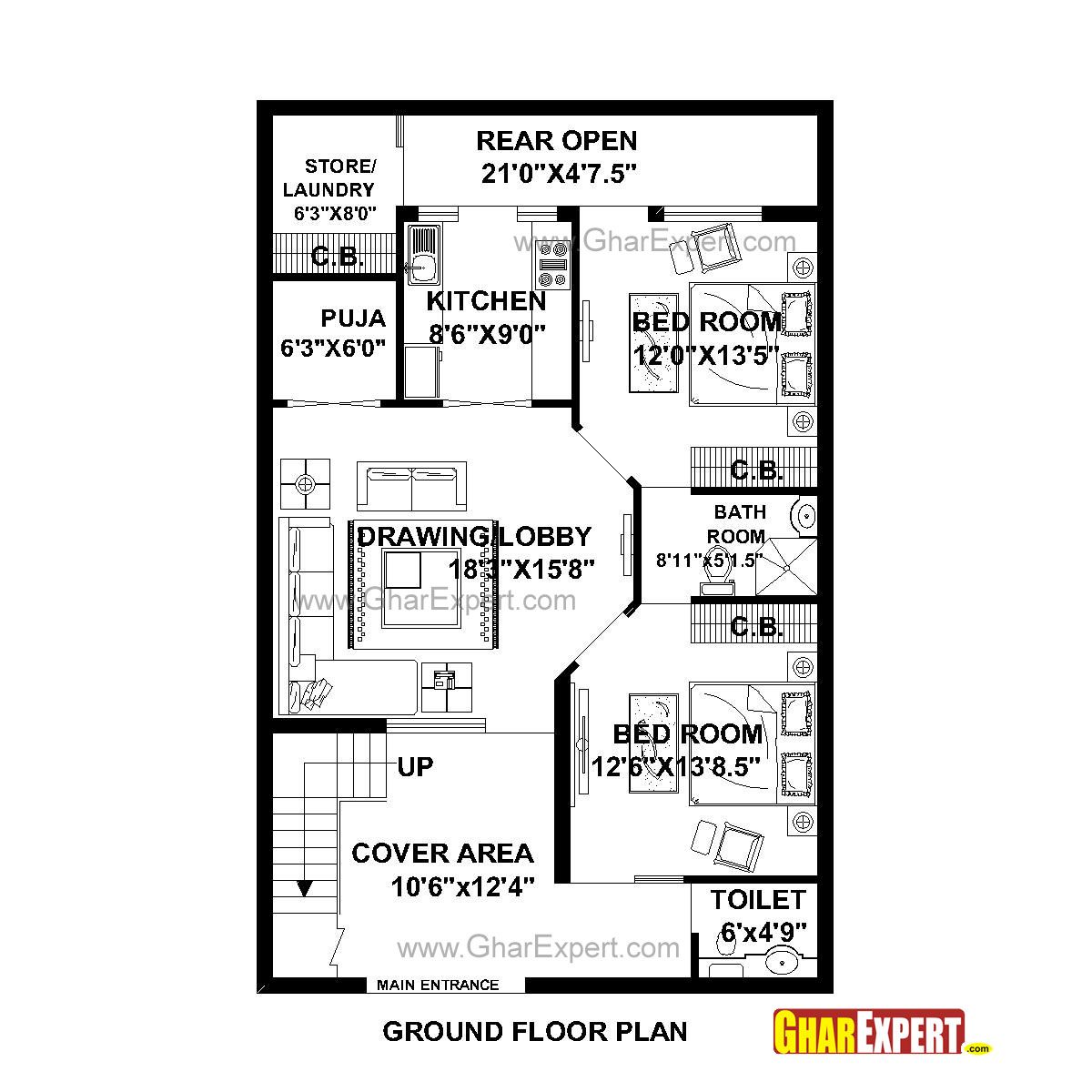 House Plan for 29 Feet by 45 Feet plot (Plot Size 145 Square Yards