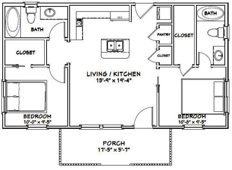 36x20 House 2Bedroom 2Bath 720 sq ft PDF Floor Plan Etsy Small