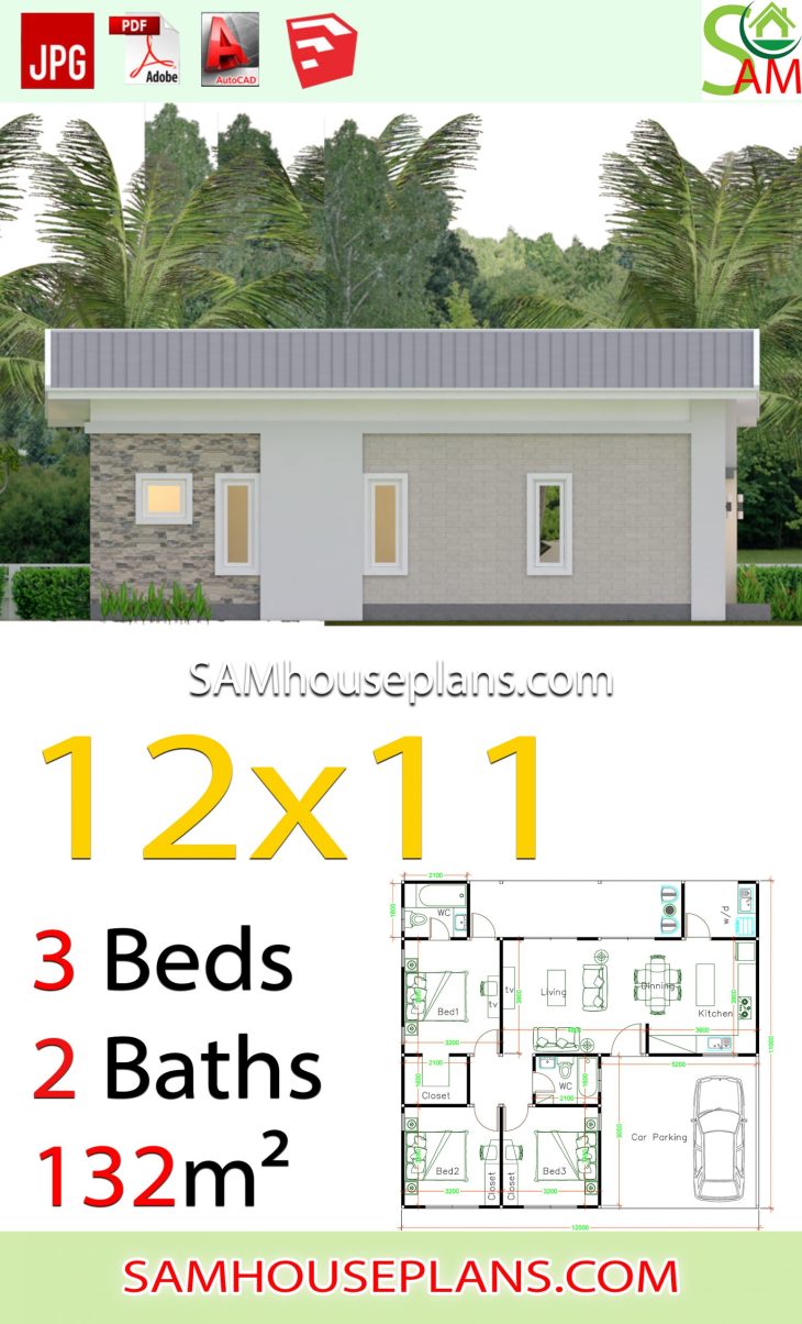 House Plans 12x11 with 3 Bedrooms Shed roof SamHousePlans