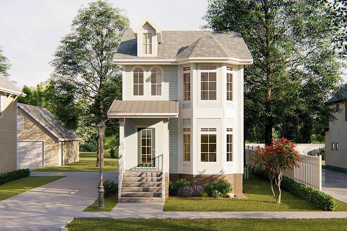 Plan 62557DJ Narrow Lot Townhouse Victorian house plan, Two story