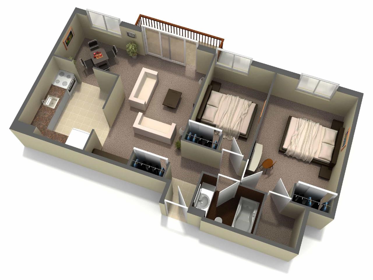 Interior 3D Two Bedroom House Layout Design Plans (3 of 17 Photos)