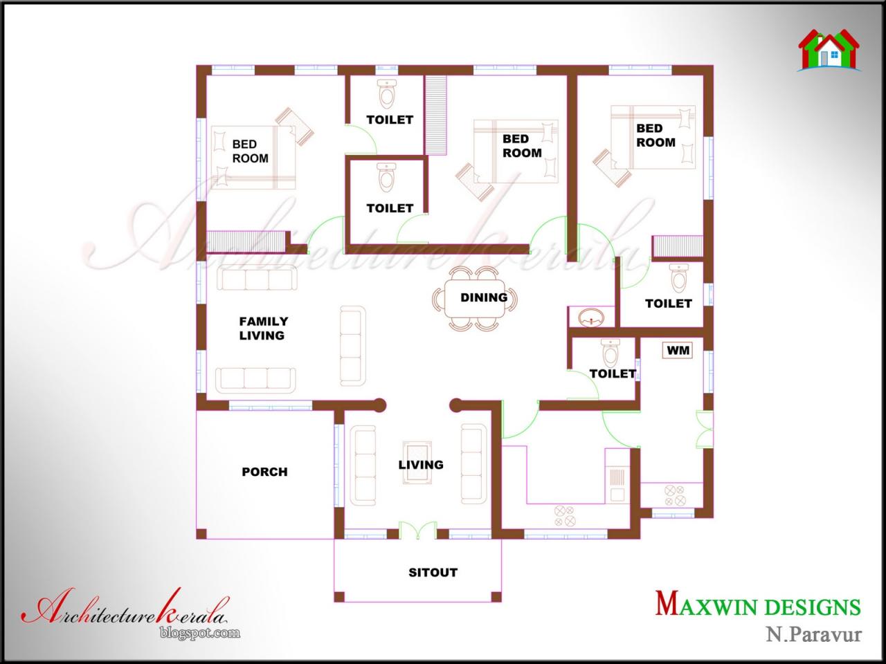 Architecture Kerala 3 BHK SINGLE FLOOR KERALA HOUSE PLAN AND ELEVATION