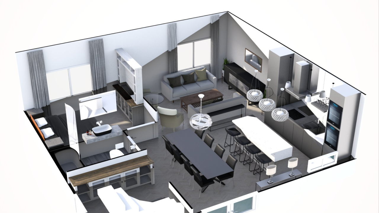 3D dollhouse render with an interesting angle made with floorplanner