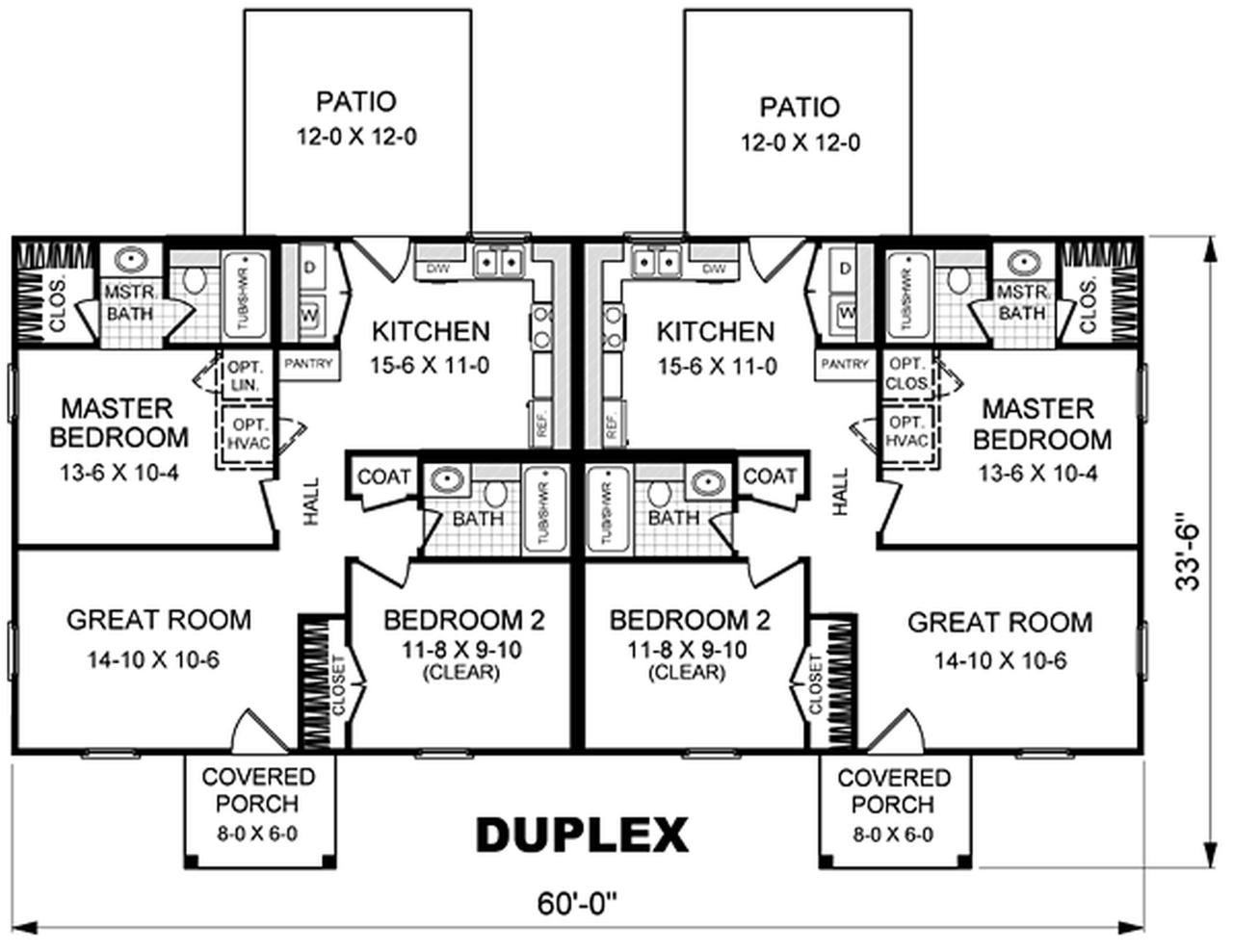 Ranch Style Duplex House Plan 2 Bedroom 2 Bathroom