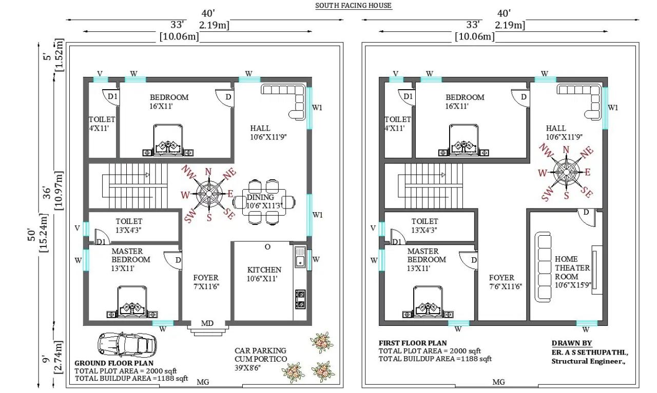 40’x50’ G+1 South facing duplex house plan. Download the free 2D