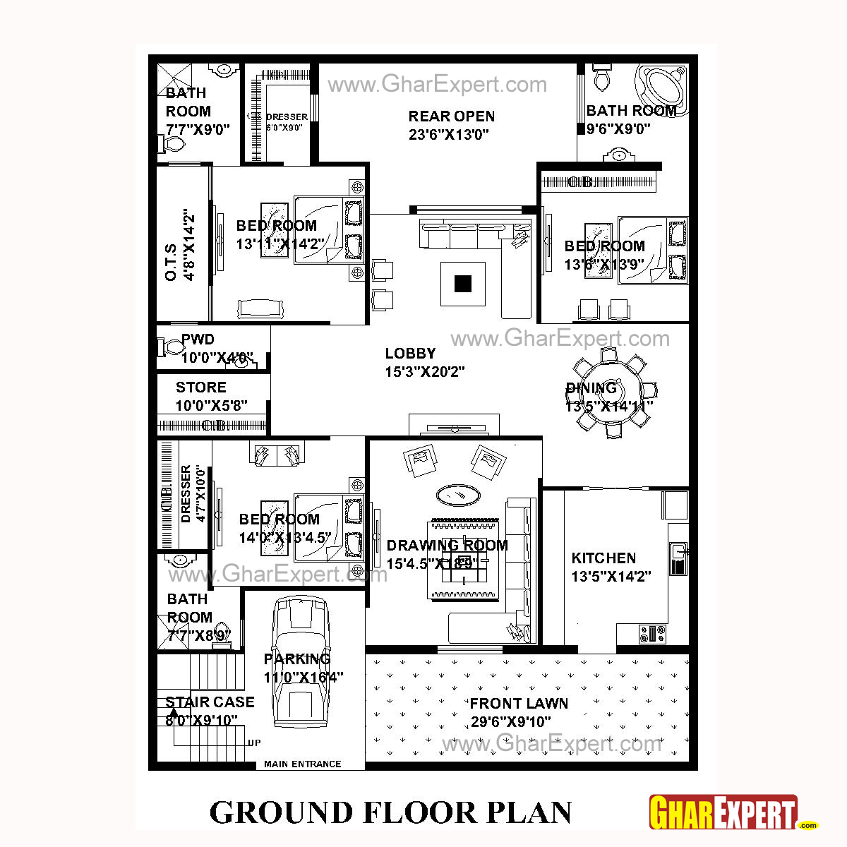 House Plan for 50 Feet by 65 Feet plot (Plot Size 361 Square Yards