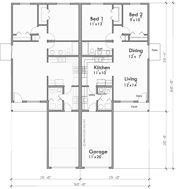 Plan D659 Single Level Ranch Style Duplex House Plan Bruinier