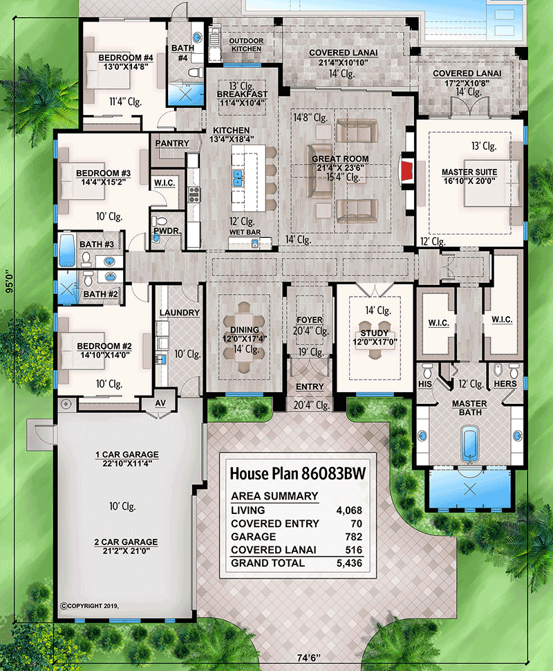 Onelevel Beach House Plan with OpenConcept Floor Plan 86083BS