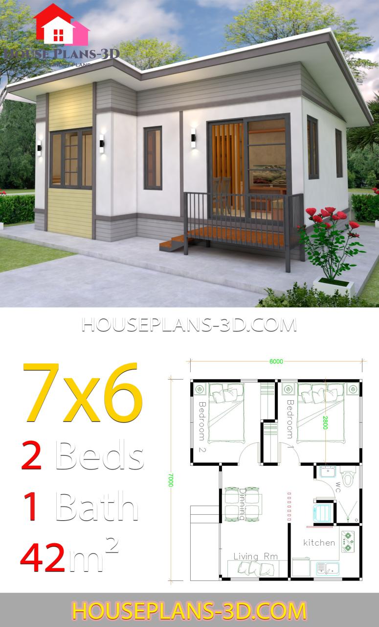 Small House plans 7x6 with 2 Bedrooms House Plans 3D