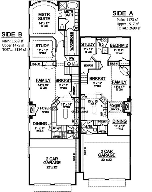 Plan 36354TX Asymmetrical Mediterranean Duplex Duplex floor plans