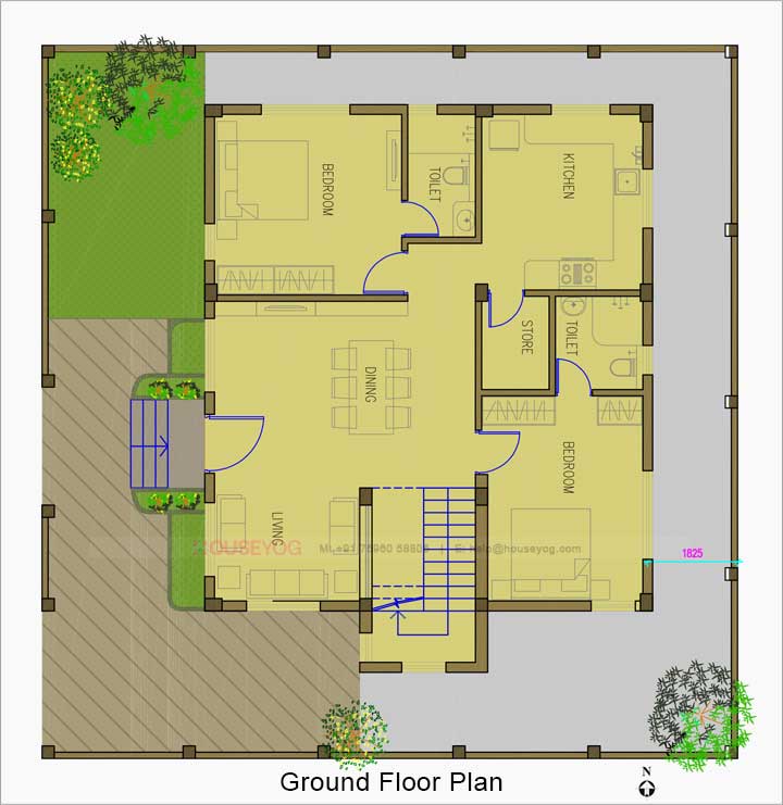4 BHK Modern Indian House Plan with Front View (HP1029) 2208 sq ft plan