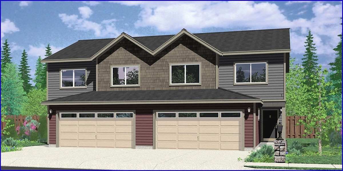 Garage In The Middle House Design Duplex House Plans 2 Story Duplex