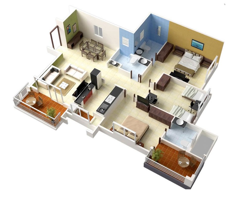 20 Designs Ideas for 3D Apartment or OneStorey Three Bedroom Floor